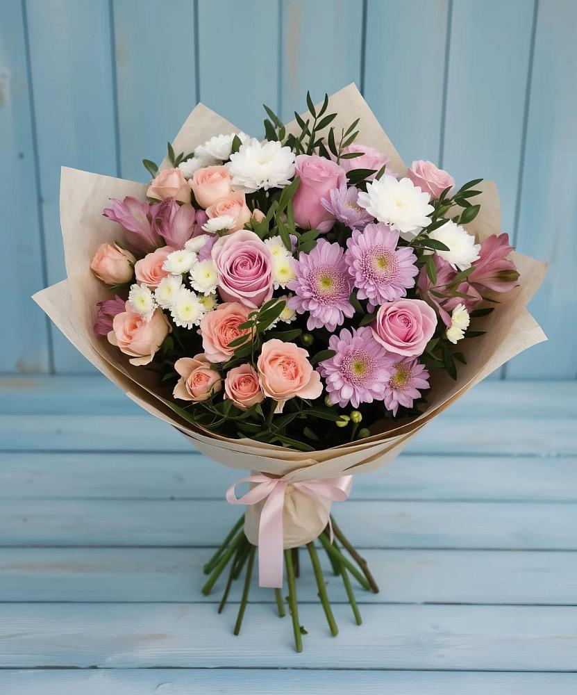 Букет цветов из: Хризантемы, Розы и Альстромерии в Починки
