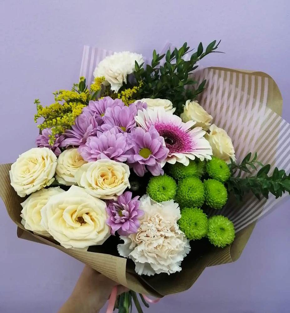 Букет цветов из: Хризантемы, Розы, Гвоздики и Герберы в Починки