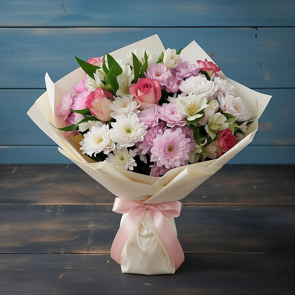 Букет цветов из: Хризантемы, Альстромерии и Розы в Починки